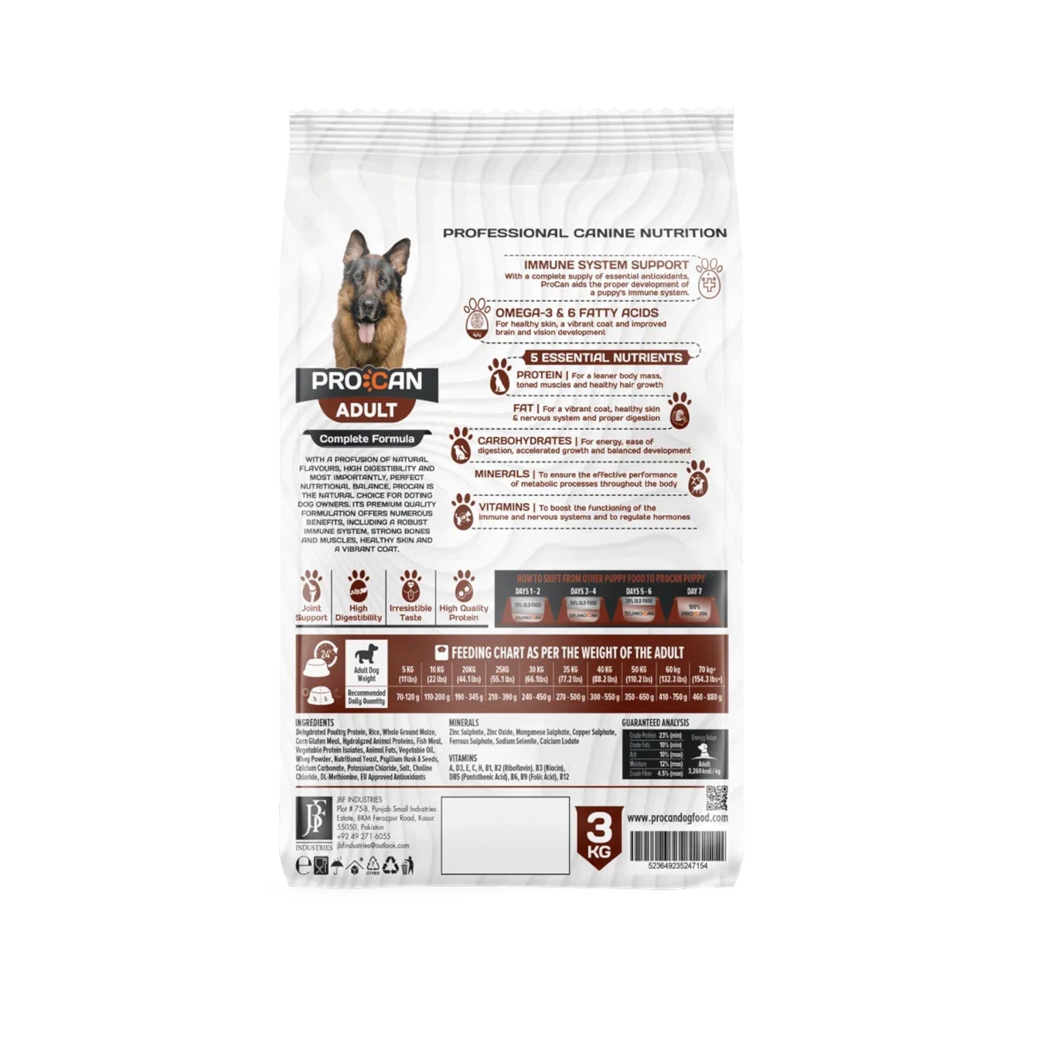 Procan Adult Dog Food nutritional information chart